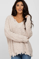 Beige V-Neck Distressed Sweater