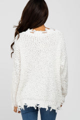 Ivory V-Neck Distressed Sweater