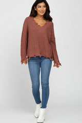 Camel V-Neck Distressed Maternity Sweater