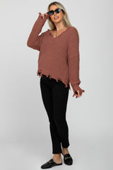 Camel V-Neck Distressed Maternity Sweater