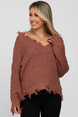 Camel V-Neck Distressed Maternity Sweater