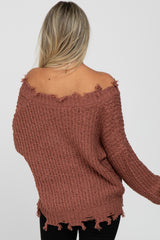 Camel V-Neck Distressed Maternity Sweater