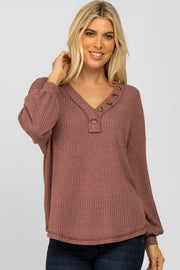 Dark Mauve Waffle Knit Button Accent Top