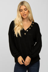 Black Waffle Knit Button Accent Maternity Top