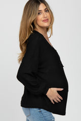 Black Waffle Knit Button Accent Maternity Top