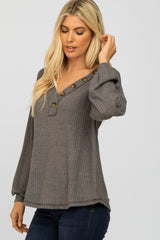 Charcoal Waffle Knit Button Accent Top