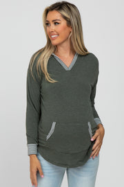 Olive Striped Round Hem Hooded Maternity Top