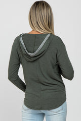 Olive Striped Round Hem Hooded Maternity Top