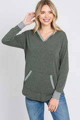 Olive Striped Round Hem Hooded Top