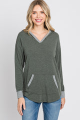 Olive Striped Round Hem Hooded Top