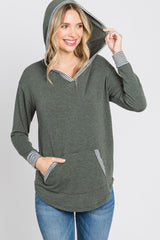 Olive Striped Round Hem Hooded Top