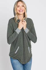 Olive Striped Round Hem Hooded Top