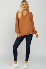 Rust Waffle Knit Button Accent Top