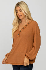 Rust Waffle Knit Button Accent Top