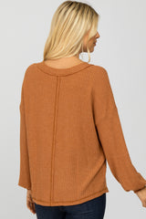 Rust Waffle Knit Button Accent Top