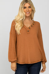 Rust Waffle Knit Button Accent Top