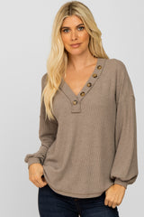 Mocha Waffle Knit Button Accent Top