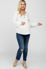 White Waffle Knit Button Accent Maternity Top