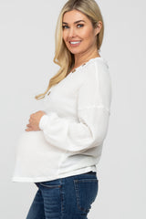 White Waffle Knit Button Accent Maternity Top