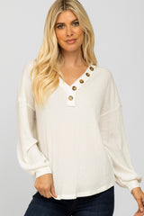 White Waffle Knit Button Accent Maternity Top