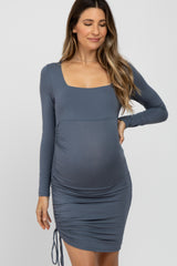 Blue Square Neck Drawstring Side Fitted Maternity Dress