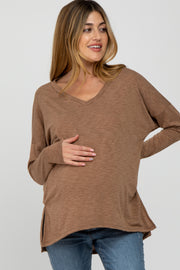 Mocha Heathered Hi-Low Maternity Long Sleeve Top