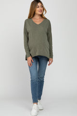 Olive Heathered Hi-Low Maternity Long Sleeve Top