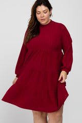 Burgundy Mock Neck Tiered Plus Dress