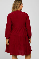 Burgundy Mock Neck Tiered Maternity Plus Dress