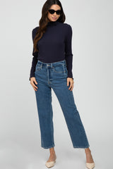 Navy Ribbed Ruffle Trim Turtle Neck