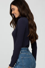 Navy Ribbed Ruffle Trim Turtle Neck