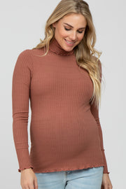 Mauve Ribbed Ruffle Trim Maternity Turtle Neck