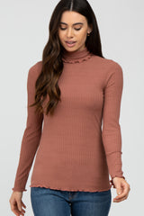 Mauve Ribbed Ruffle Trim Turtle Neck