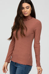 Mauve Ribbed Ruffle Trim Turtle Neck