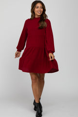 Burgundy Mock Neck Tiered Maternity Dress