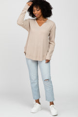 Taupe Split Neck Exposed Seam Long Sleeve Top