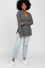 Charcoal Split Neck Exposed Seam Long Sleeve Top