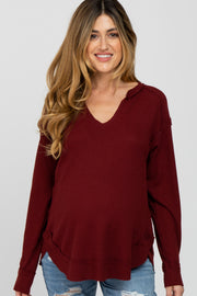 Burgundy Split Neck Exposed Seam Maternity Long Sleeve Top