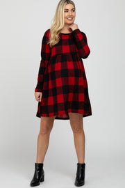 Red Plaid Long Sleeve Maternity Dress