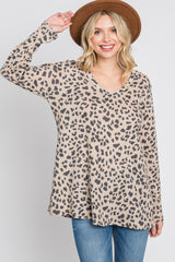 Taupe Leopard Print V-Neck Waffle Knit Top