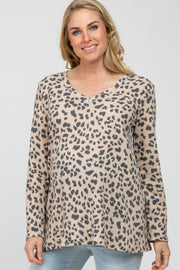 Taupe Leopard Print V-Neck Waffle Knit Maternity Top