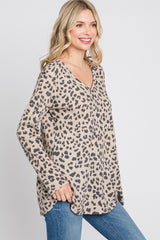 Taupe Leopard Print V-Neck Waffle Knit Top