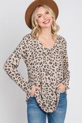 Taupe Leopard Print V-Neck Waffle Knit Top