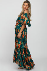 Teal Pleated Floral Off Shoulder Maternity Dress