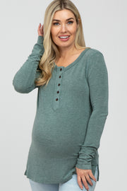 Green Button Up Maternity Long Sleeve Top