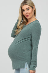 Green Button Up Maternity Long Sleeve Top