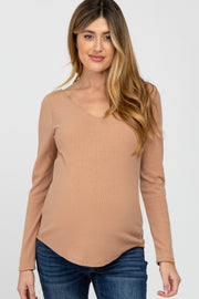 Camel Ribbed Crisscross Long Sleeve Maternity Top