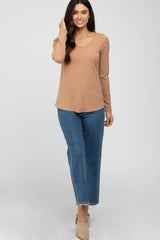 Camel Ribbed Crisscross Long Sleeve Top