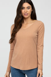 Camel Ribbed Crisscross Long Sleeve Top