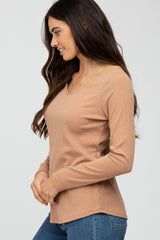 Camel Ribbed Crisscross Long Sleeve Top